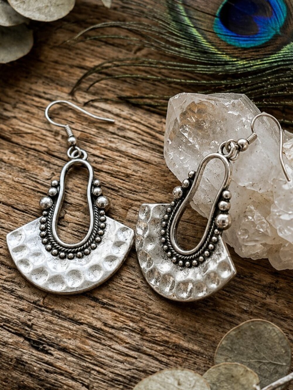 Boho Chic Antique Silver Plated Hammered Fan Statement Drop Dangle Earrings